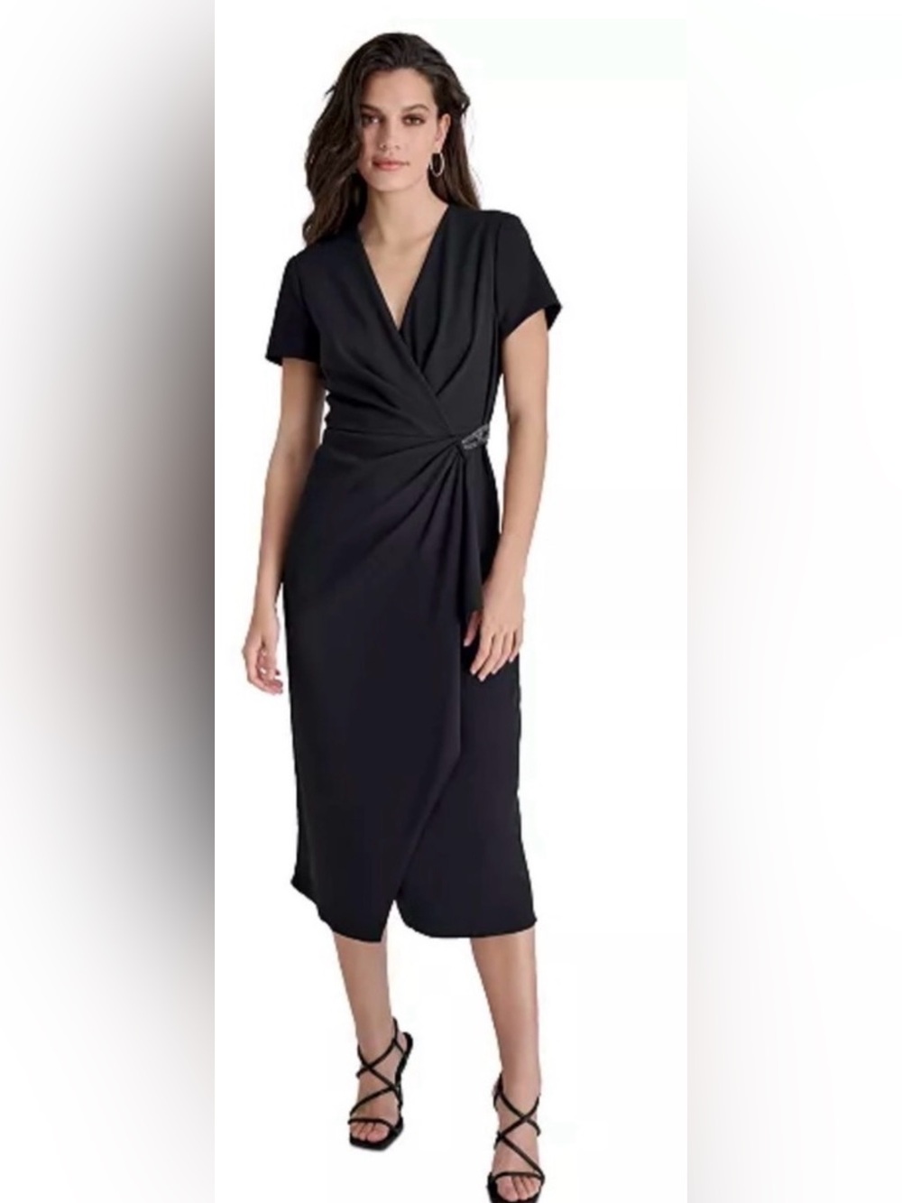 DKNY NWT Black Surplice Faux Wrap Cocktail Midi Dress Waist Detail Size 8